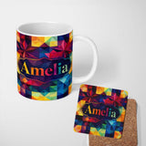 Personalized Custom Name Abstract Vibrant Polygon Crystal Shapes Seamless Pattern Name Cute 11oz Ceramic Coffee Tea Mug White Large Handle
