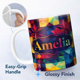 Personalized Custom Name Abstract Vibrant Polygon Crystal Shapes Seamless Pattern Name Cute 11oz Ceramic Coffee Tea Mug White Large Handle