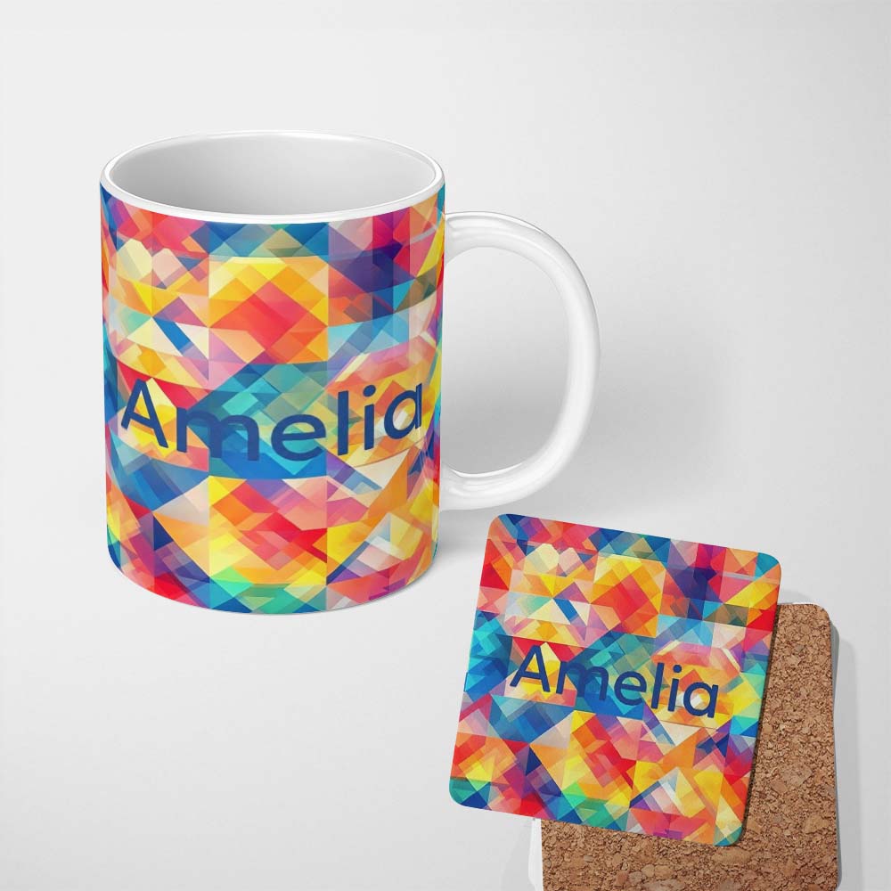 Personalized Custom Name Abstract Bright Gradient Geometric Shapes Seamless Pattern Name Cute 11oz Ceramic Coffee Tea Mug White Large Handle