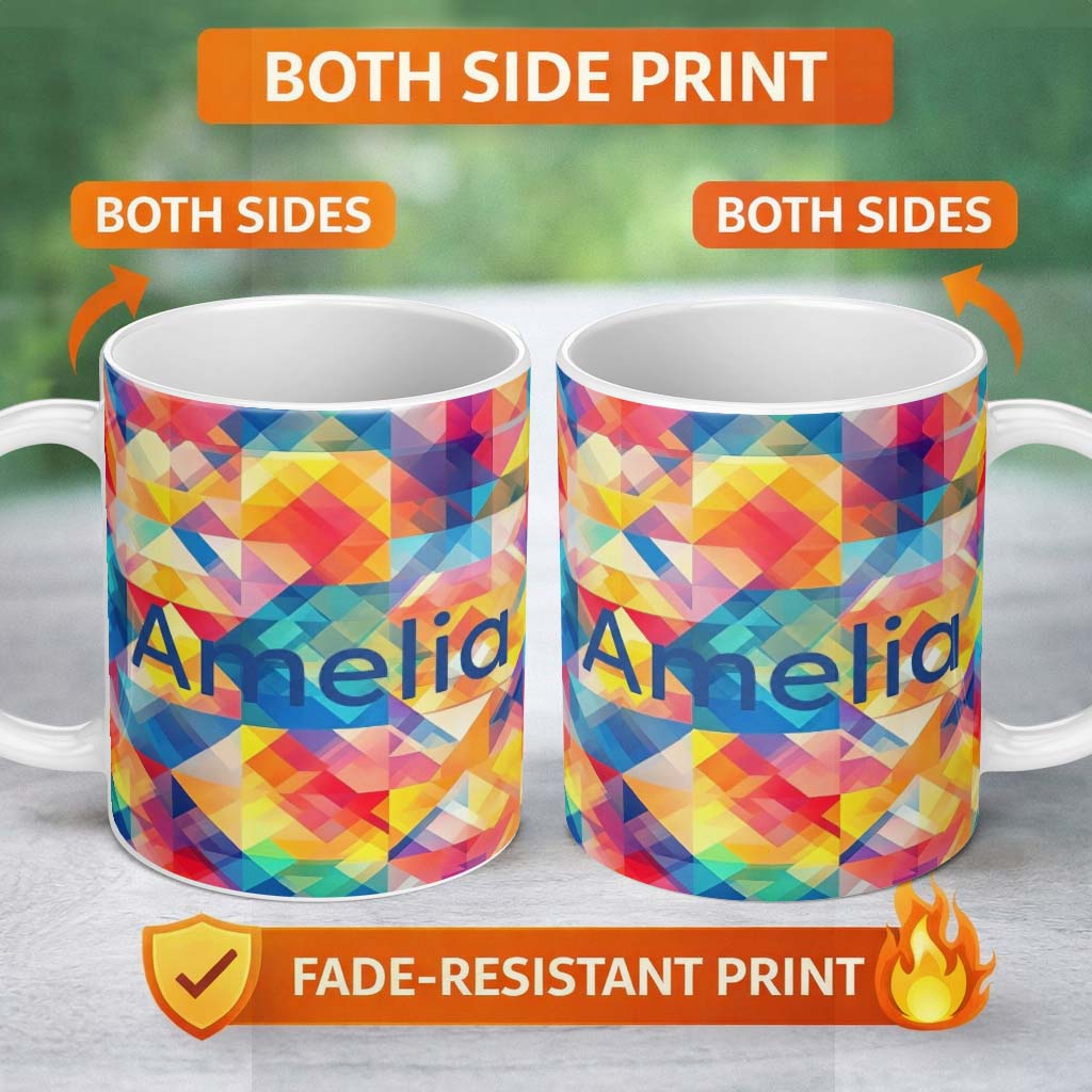 Personalized Custom Name Abstract Bright Gradient Geometric Shapes Seamless Pattern Name Cute 11oz Ceramic Coffee Tea Mug White Large Handle
