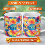 Personalized Custom Name Abstract Bright Gradient Geometric Shapes Seamless Pattern Name Cute 11oz Ceramic Coffee Tea Mug White Large Handle