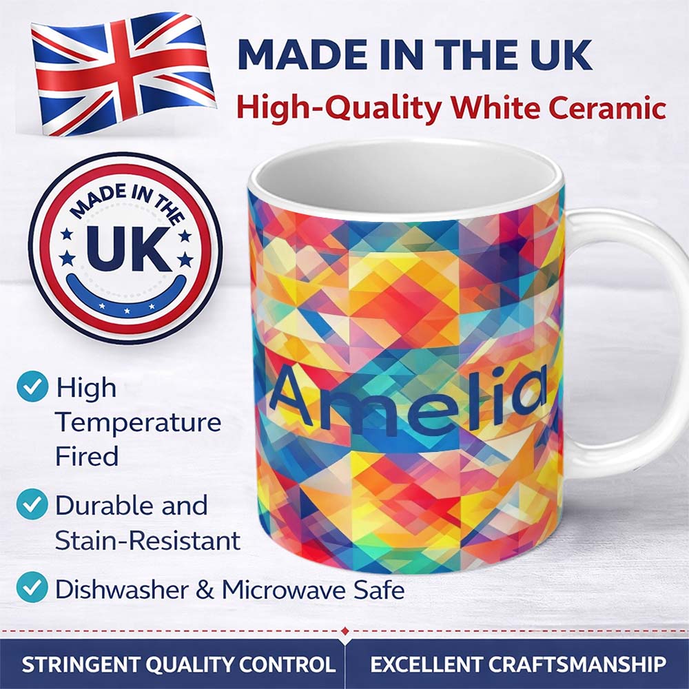 Personalized Custom Name Abstract Bright Gradient Geometric Shapes Seamless Pattern Name Cute 11oz Ceramic Coffee Tea Mug White Large Handle