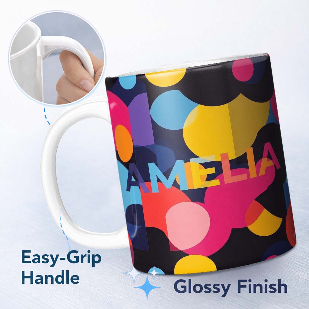 Personalized Custom Name Abstract Colorful Organic Shapes Modern Seamless Pattern Name Cute 11oz Ceramic Coffee Tea Mug White Large Handle