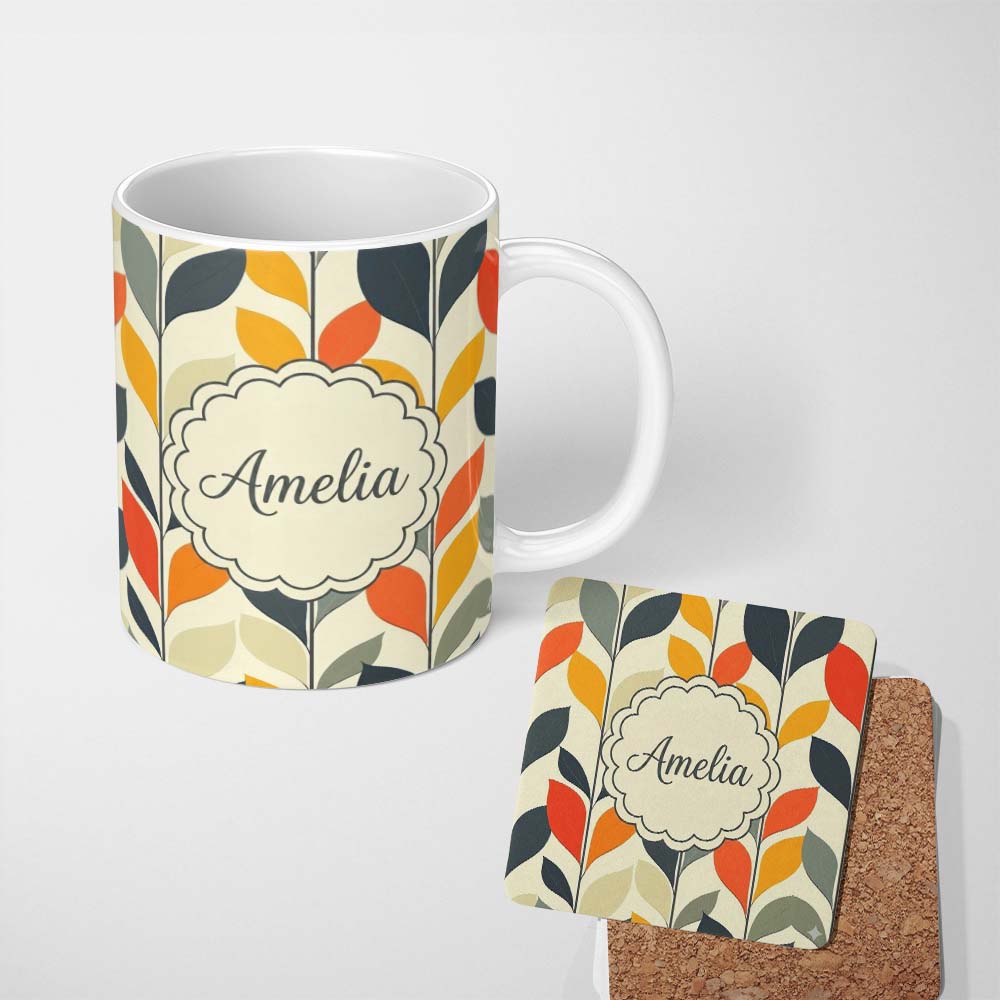 Personalized Custom Name Abstract Modern Leaf Branch Pattern Soft Neutral Background 11oz Ceramic Coffee Tea Mug White Large Handle