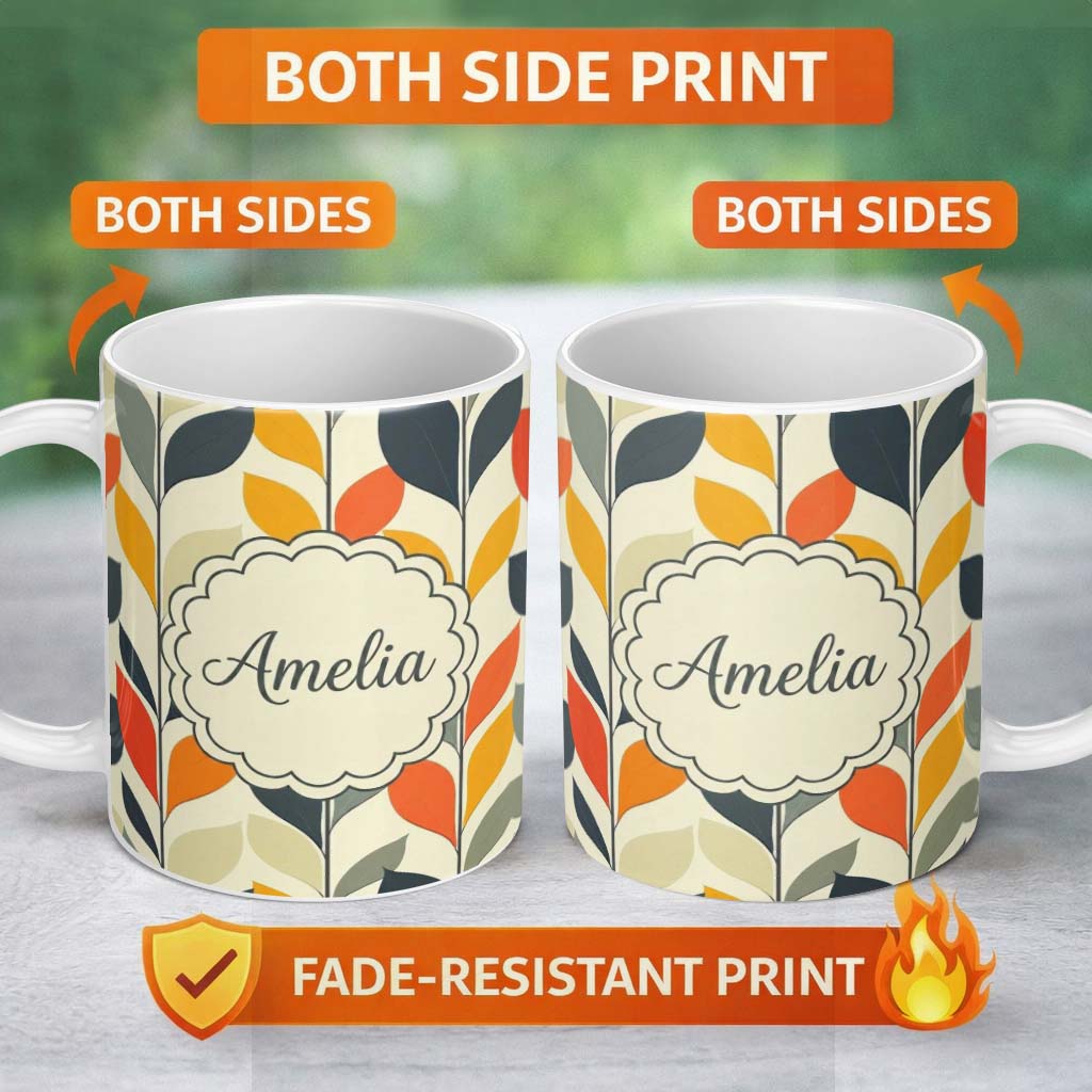 Personalized Custom Name Abstract Modern Leaf Branch Pattern Soft Neutral Background 11oz Ceramic Coffee Tea Mug White Large Handle