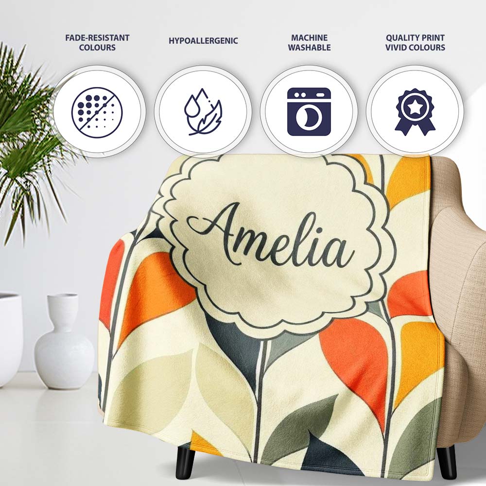 Abstract Modern Leaf Branch Pattern Soft Neutral Background  Personalised Custom Name Super Soft Fleece Blanket Bed Sofa Throw
