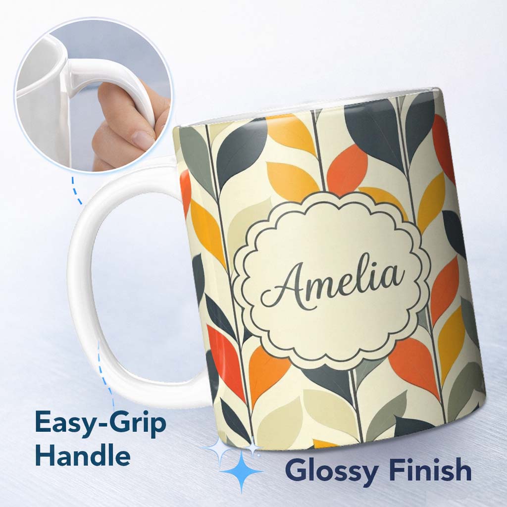 Personalized Custom Name Abstract Modern Leaf Branch Pattern Soft Neutral Background 11oz Ceramic Coffee Tea Mug White Large Handle