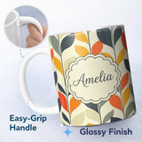 Personalized Custom Name Abstract Modern Leaf Branch Pattern Soft Neutral Background 11oz Ceramic Coffee Tea Mug White Large Handle