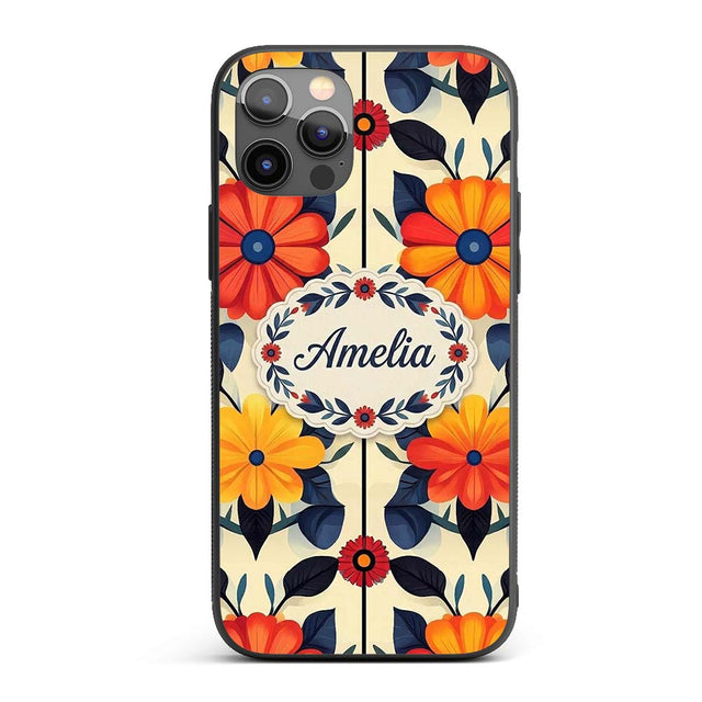 Abstract Bold Floral Bloom Symmetry Seamless Custom Name Protective Phone Case Mobile Cover Durable Everyday Smartphone Shock Resistant