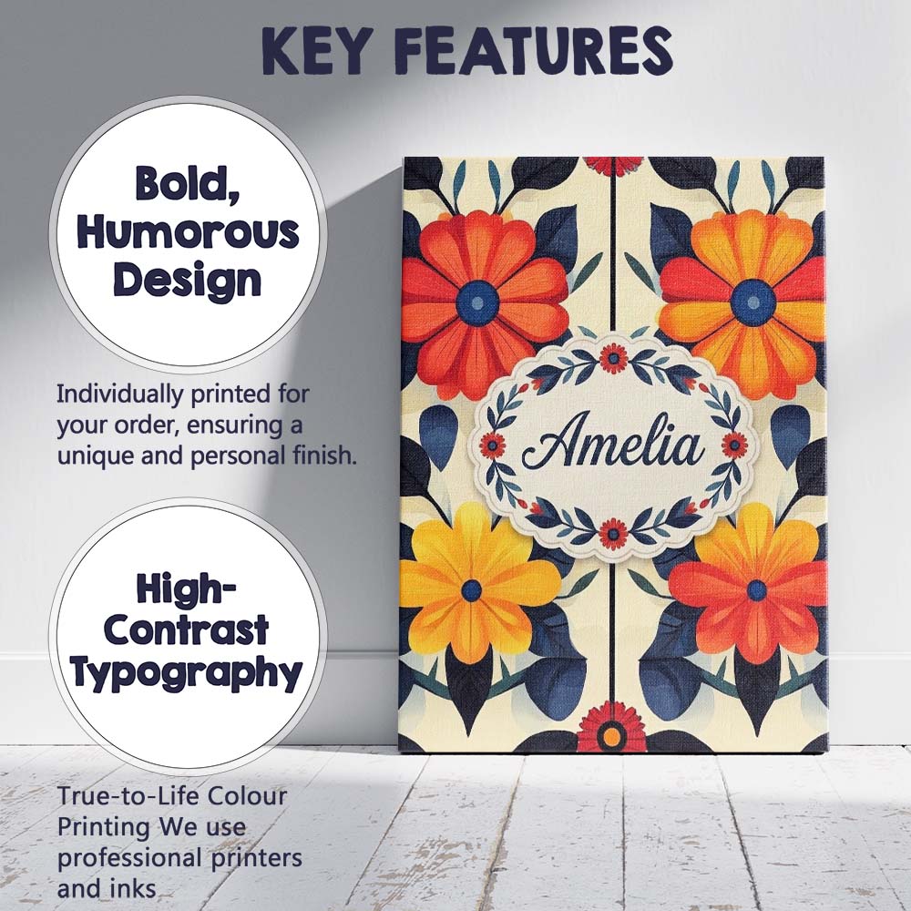 Personalised Name Abstract Bold Floral Custom  Modern Room Accent Elegant Feature Canvas Wall Art Print Decor Picture Ready to Hang