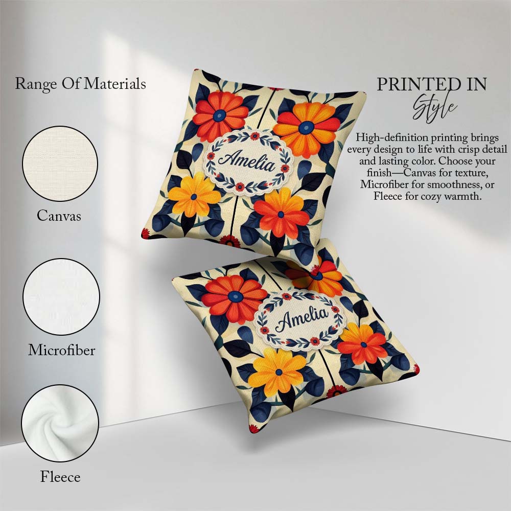 Custom Name Abstract Bold Floral Bloom Symmetry Seamless Pattern Square Filled Cushion Throw Pillow Sofa Bed Home Decor Zip Washable UK Made