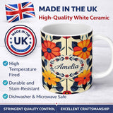 Personalized Custom Name Abstract Bold Floral Bloom Symmetry Seamless Pattern Name Cute 11oz Ceramic Coffee Tea Mug White Large Handle