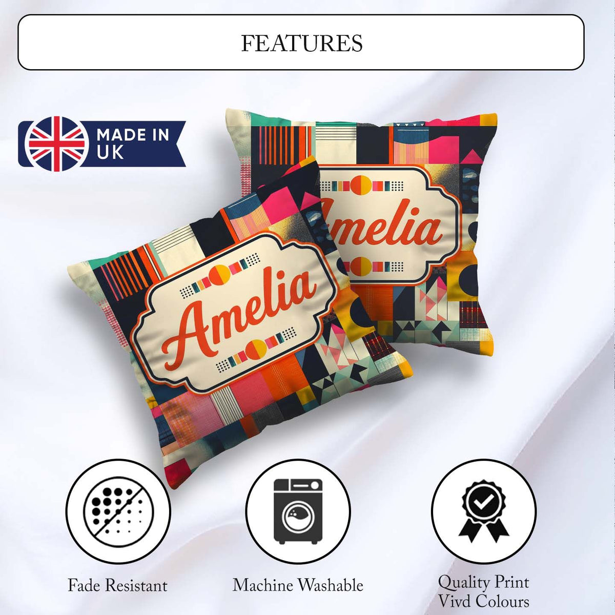 Custom Name Abstract Patchwork Geometric Textured Blocks Pattern Square Filled Cushion Throw Pillow Sofa Bed Home Decor Zip Washable UK Made
