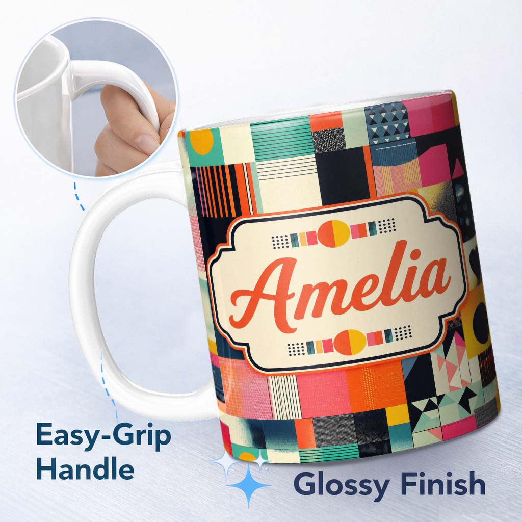 Personalized Custom Name Abstract Patchwork Geometric Textured Blocks Seamless Pattern Name 11oz Ceramic Coffee Tea Mug White Large Handle