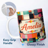 Personalized Custom Name Abstract Patchwork Geometric Textured Blocks Seamless Pattern Name 11oz Ceramic Coffee Tea Mug White Large Handle
