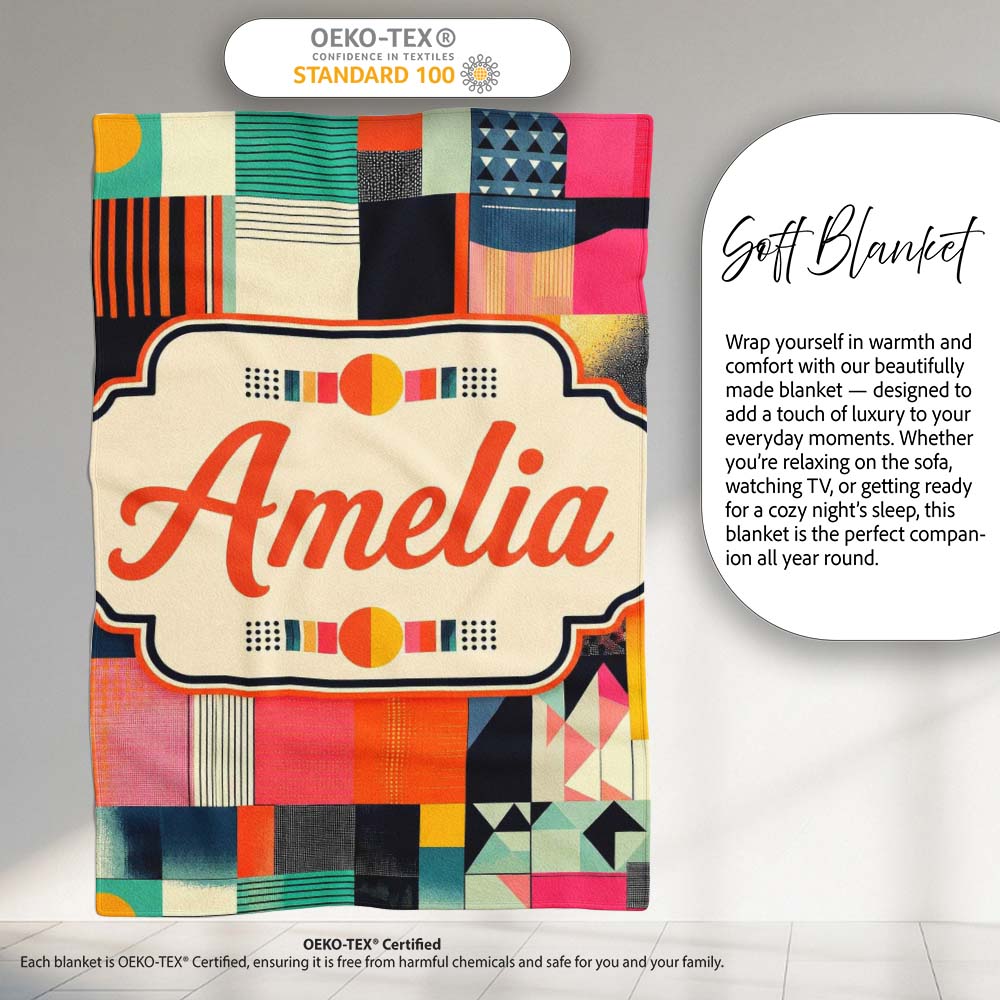 Abstract Patchwork Geometric Textured Blocks Seamless Pattern Name  Personalised Custom Name Super Soft Fleece Blanket Bed Sofa Throw