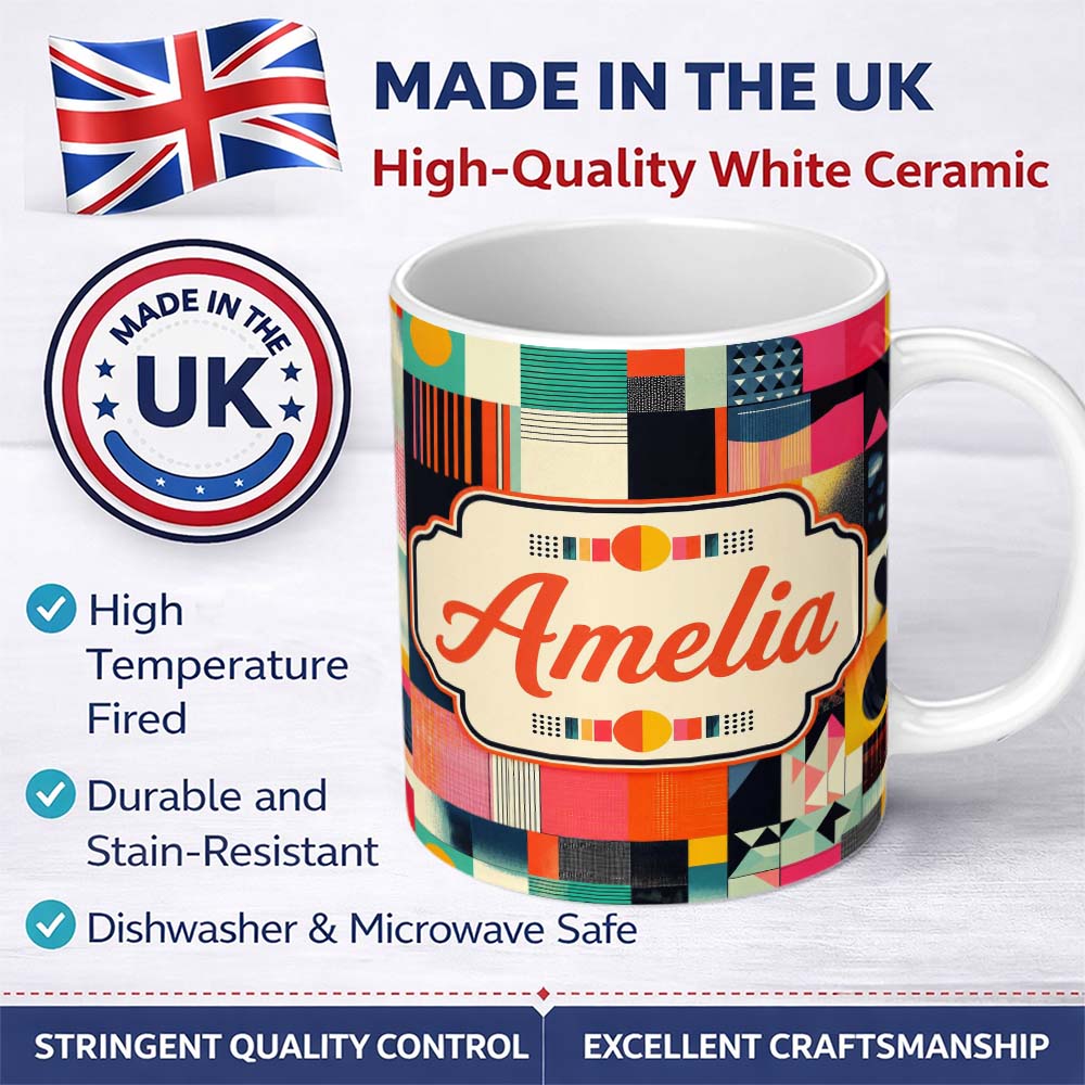 Personalized Custom Name Abstract Patchwork Geometric Textured Blocks Seamless Pattern Name 11oz Ceramic Coffee Tea Mug White Large Handle