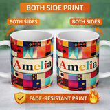 Personalized Custom Name Abstract Vibrant Mixed Pattern Squares Mosaic Seamless Name Cute 11oz Ceramic Coffee Tea Mug White Large Handle