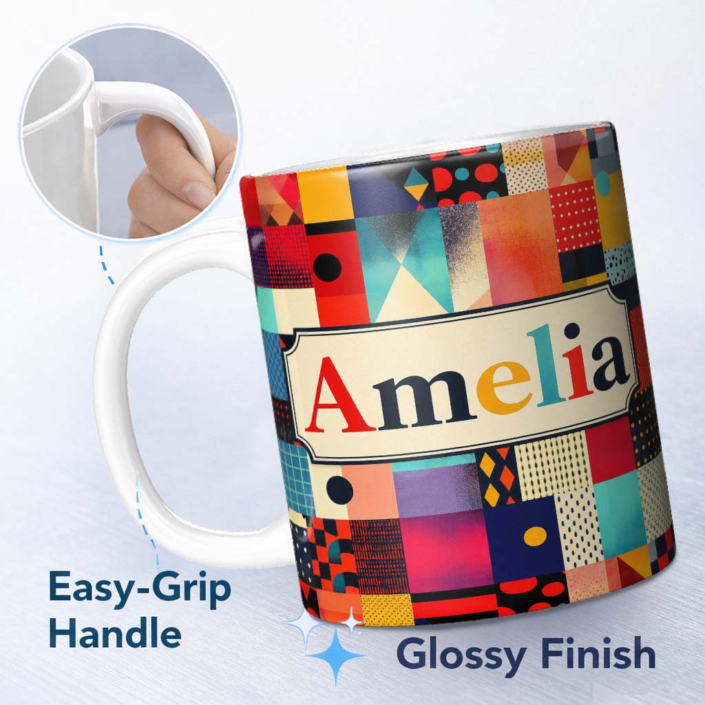 Personalized Custom Name Abstract Vibrant Mixed Pattern Squares Mosaic Seamless Name Cute 11oz Ceramic Coffee Tea Mug White Large Handle