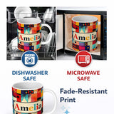 Personalized Custom Name Abstract Vibrant Mixed Pattern Squares Mosaic Seamless Name Cute 11oz Ceramic Coffee Tea Mug White Large Handle