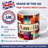 Personalized Custom Name Abstract Vibrant Mixed Pattern Squares Mosaic Seamless Name Cute 11oz Ceramic Coffee Tea Mug White Large Handle