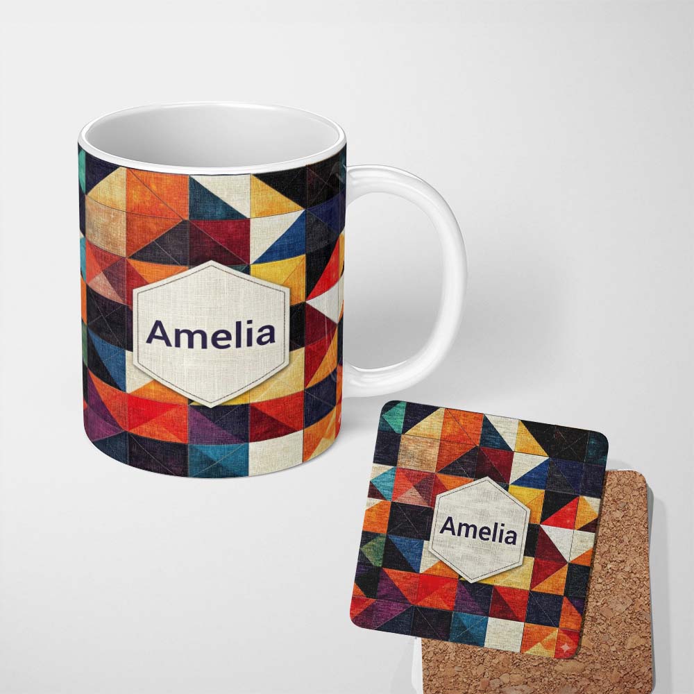 Personalized Custom Name Abstract Textured Triangle Quilt Geometry Seamless Pattern Name Cute 11oz Ceramic Coffee Tea Mug White Large Handle