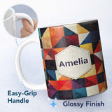 Personalized Custom Name Abstract Textured Triangle Quilt Geometry Seamless Pattern Name Cute 11oz Ceramic Coffee Tea Mug White Large Handle