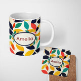 Personalized Custom Name Abstract Colorful Minimal Leaf Shapes Modern Seamless Pattern Name 11oz Ceramic Coffee Tea Mug White Large Handle