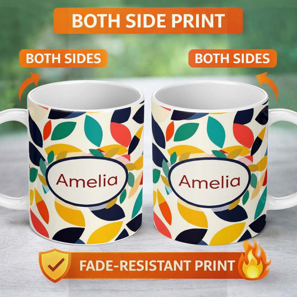 Personalized Custom Name Abstract Colorful Minimal Leaf Shapes Modern Seamless Pattern Name 11oz Ceramic Coffee Tea Mug White Large Handle