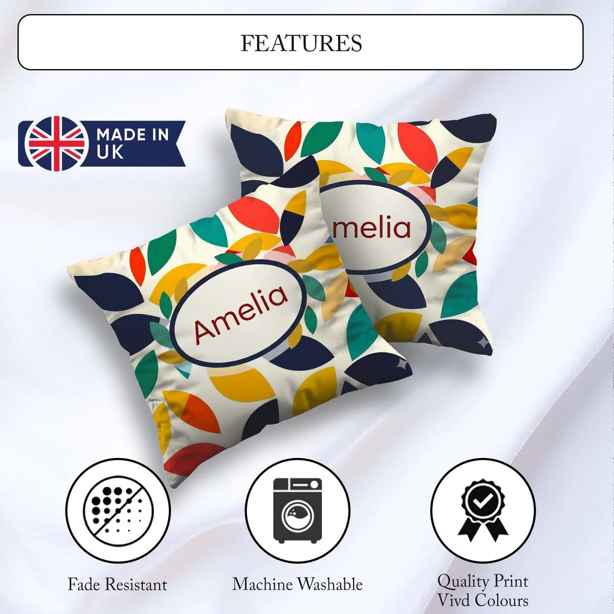 Custom Name Abstract Colorful Minimal Leaf Shapes Modern Pattern Square Filled Cushion Throw Pillow Sofa Bed Home Decor Zip Washable UK Made