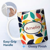 Personalized Custom Name Abstract Colorful Minimal Leaf Shapes Modern Seamless Pattern Name 11oz Ceramic Coffee Tea Mug White Large Handle