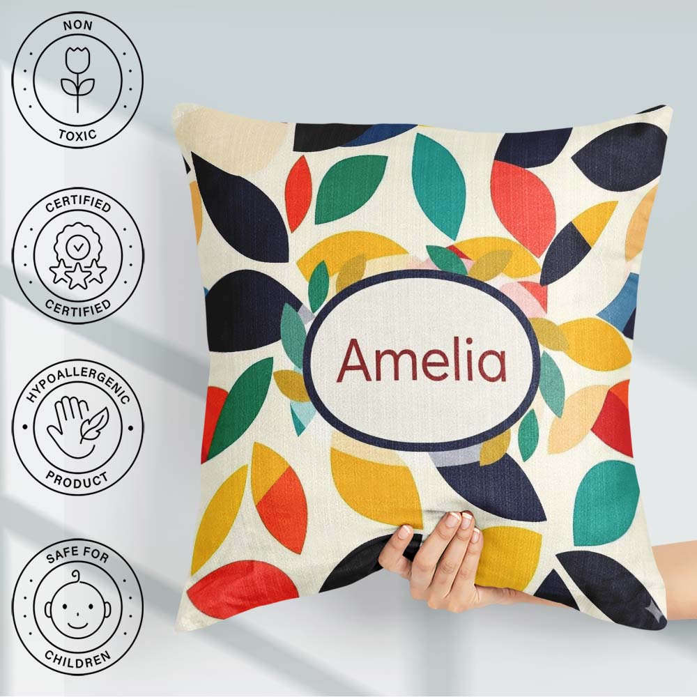 Custom Name Abstract Colorful Minimal Leaf Shapes Modern Pattern Square Filled Cushion Throw Pillow Sofa Bed Home Decor Zip Washable UK Made