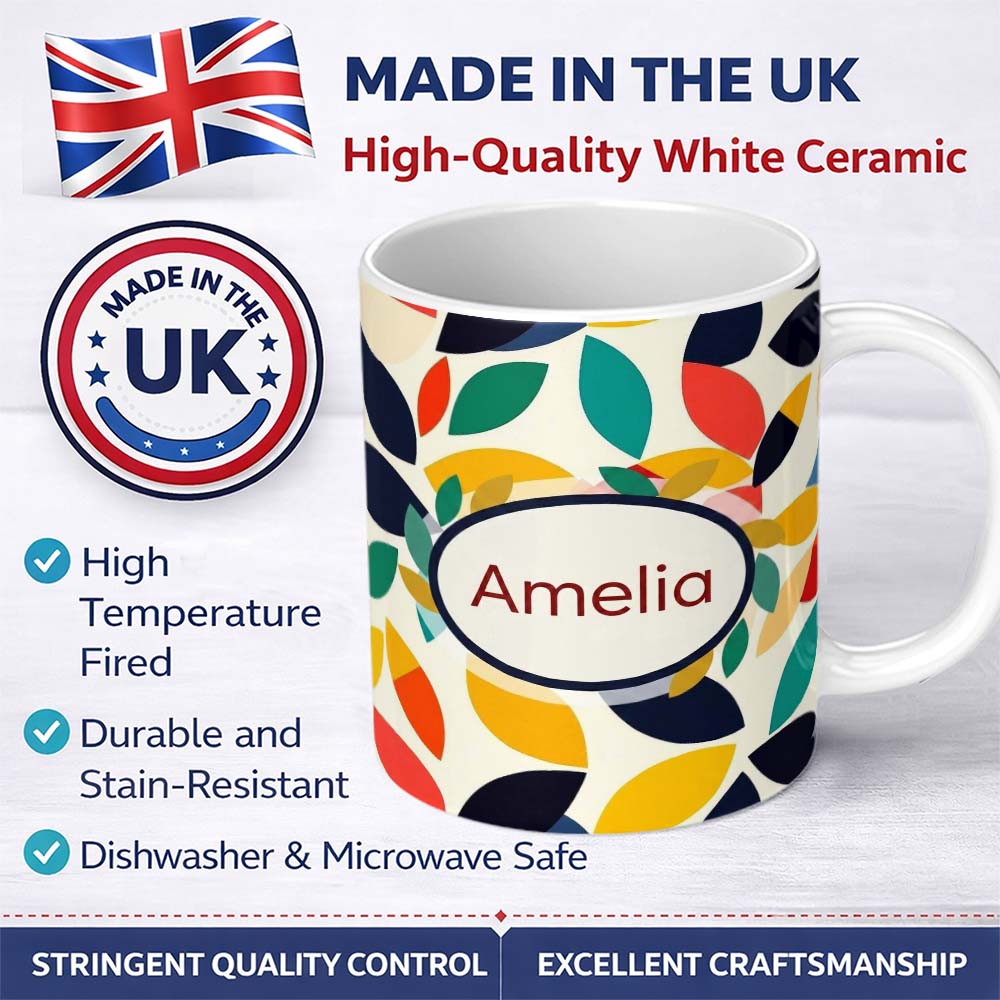 Personalized Custom Name Abstract Colorful Minimal Leaf Shapes Modern Seamless Pattern Name 11oz Ceramic Coffee Tea Mug White Large Handle