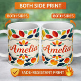 Personalized Custom Name Abstract Multicolor Leaf Scatter Soft Background Seamless Pattern 11oz Ceramic Coffee Tea Mug White Large Handle