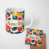Personalized Custom Name Abstract Bright Leaf Shapes Contemporary Seamless Pattern Custom 11oz Ceramic Coffee Tea Mug White Large Handle