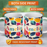 Personalized Custom Name Abstract Bright Leaf Shapes Contemporary Seamless Pattern Custom 11oz Ceramic Coffee Tea Mug White Large Handle