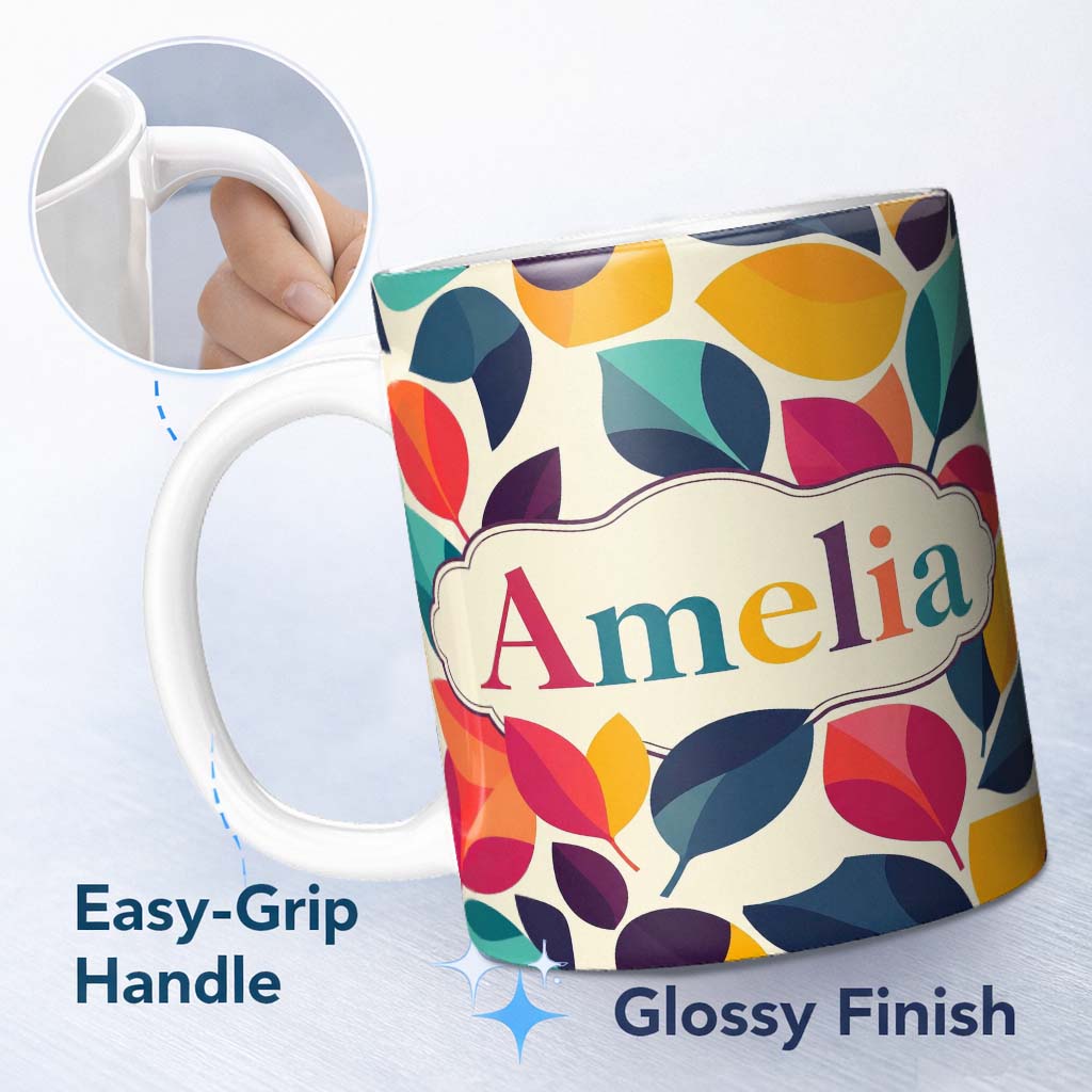 Personalized Custom Name Abstract Bright Leaf Shapes Contemporary Seamless Pattern Custom 11oz Ceramic Coffee Tea Mug White Large Handle