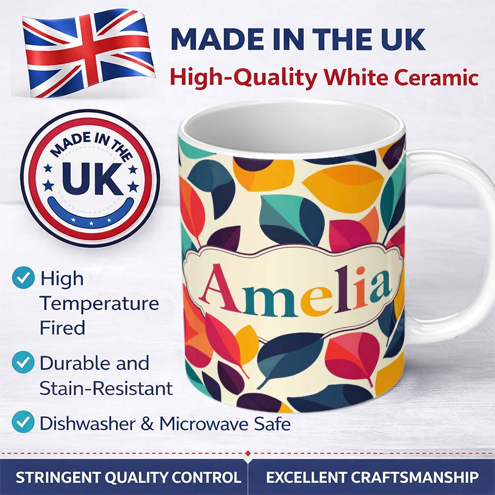 Personalized Custom Name Abstract Bright Leaf Shapes Contemporary Seamless Pattern Custom 11oz Ceramic Coffee Tea Mug White Large Handle