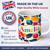 Personalized Custom Name Abstract Bright Leaf Shapes Contemporary Seamless Pattern Custom 11oz Ceramic Coffee Tea Mug White Large Handle