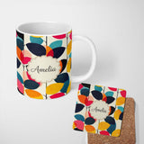Personalized Custom Name Abstract Textured Leaf Branch Bold Color Seamless Pattern Custom 11oz Ceramic Coffee Tea Mug White Large Handle