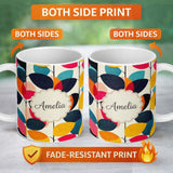 Personalized Custom Name Abstract Textured Leaf Branch Bold Color Seamless Pattern Custom 11oz Ceramic Coffee Tea Mug White Large Handle