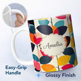Personalized Custom Name Abstract Textured Leaf Branch Bold Color Seamless Pattern Custom 11oz Ceramic Coffee Tea Mug White Large Handle