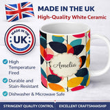 Personalized Custom Name Abstract Textured Leaf Branch Bold Color Seamless Pattern Custom 11oz Ceramic Coffee Tea Mug White Large Handle