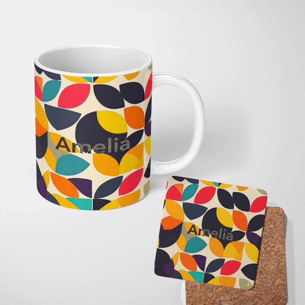 Personalized Custom Name Abstract Modern Leaf Cut Shapes Minimal Style Seamless Pattern Name 11oz Ceramic Coffee Tea Mug White Large Handle