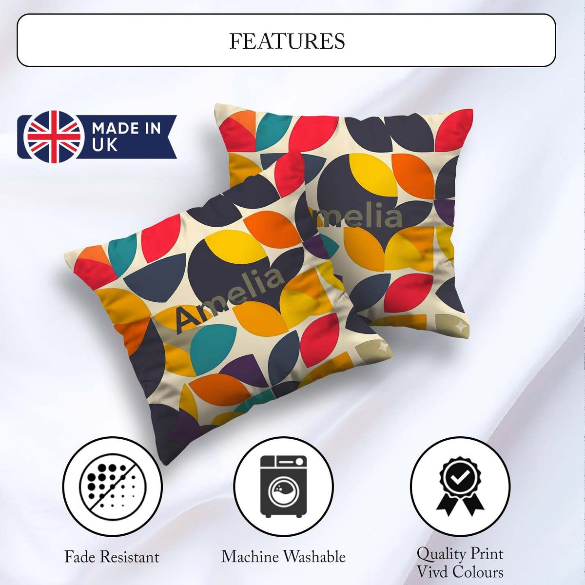 Custom Name Abstract Modern Leaf Cut Minimal Style Seamless Name Square Filled Cushion Throw Pillow Sofa Bed Home Decor Zip Washable UK Made