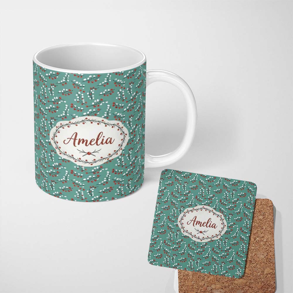 Personalized Custom Name Soft Blue Green Foliage with Red Berries Watercolor Seamless Pattern 11oz Ceramic Coffee Tea Mug White Large Handle