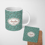 Personalized Custom Name Soft Blue Green Foliage with Red Berries Watercolor Seamless Pattern 11oz Ceramic Coffee Tea Mug White Large Handle