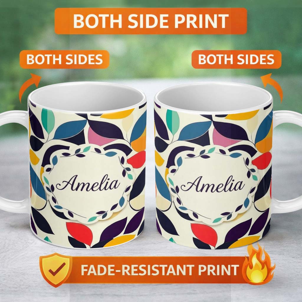 Personalized Custom Name Abstract Stylised Leaf Pattern Soft Colors Seamless Name Cute 11oz Ceramic Coffee Tea Mug White Large Handle