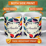 Personalized Custom Name Abstract Stylised Leaf Pattern Soft Colors Seamless Name Cute 11oz Ceramic Coffee Tea Mug White Large Handle