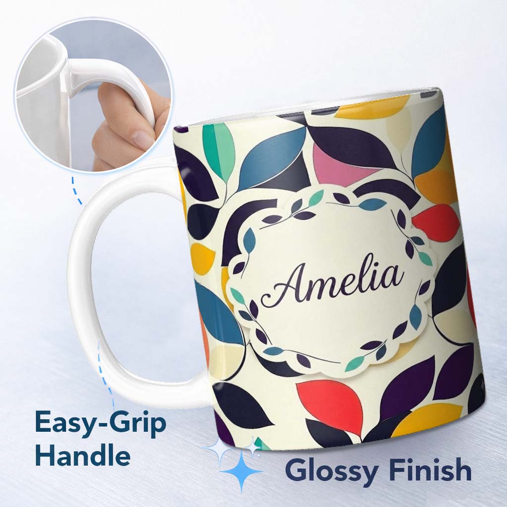 Personalized Custom Name Abstract Stylised Leaf Pattern Soft Colors Seamless Name Cute 11oz Ceramic Coffee Tea Mug White Large Handle